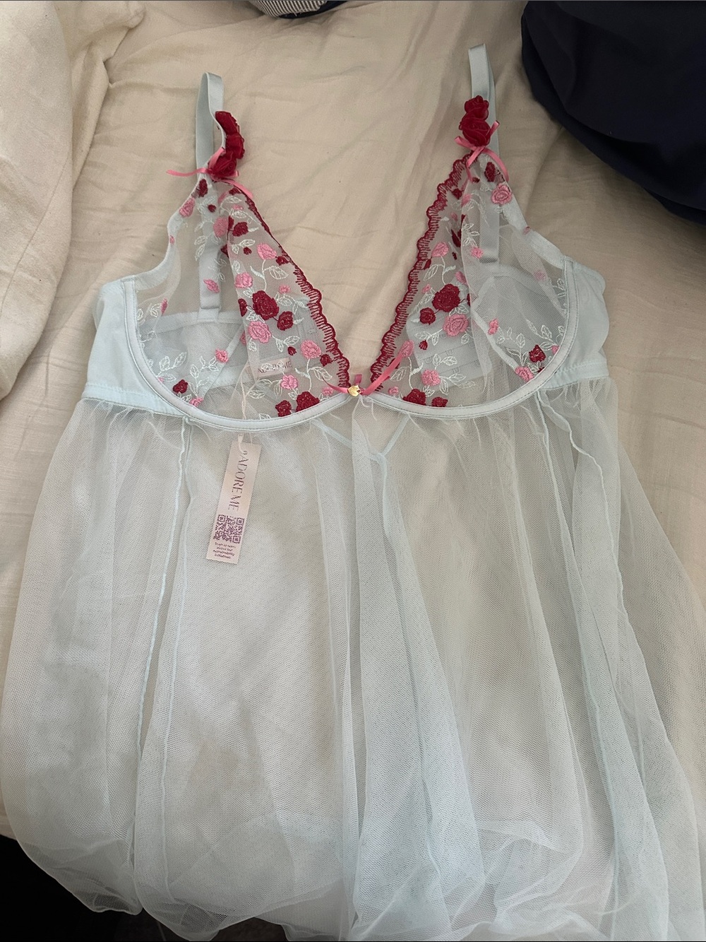 Adore Me Light Blue Sheer Babydoll with Pink and Red Floral Embroidery